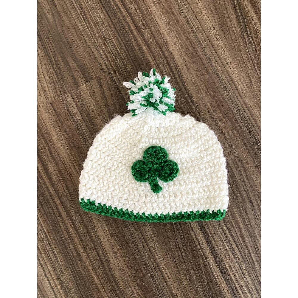 Handmade Crochet Shamrock Beanie | White & Green St. Patrick’s Day Hat | Pom Pom